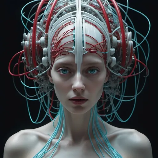 Prompt: Tim Walker's haute-couture frontal portrait of clear white ethereal android with translucent skin drowning in sea of wires. Red and cyan hues, glowing highlights, dark shadows , perfect composition, beautiful detailed intricate insanely detailed octane render trending on artstation, 8 k artistic photography, photorealistic concept art, soft natural volumetric cinematic perfect light, chiaroscuro, award - winning photograph, masterpiece, oil on canvas, raphael, caravaggio, greg rutkowski, beeple, beksinski, giger