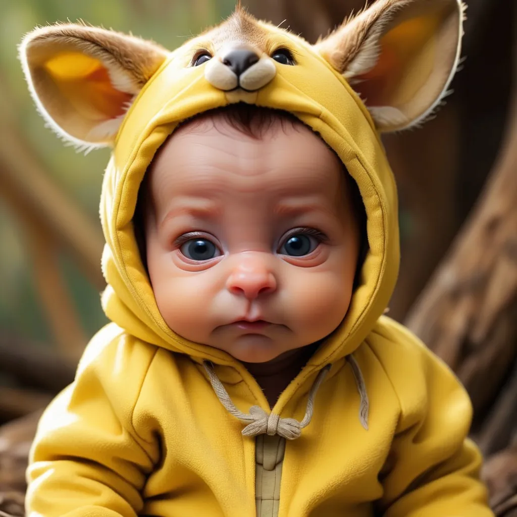Prompt: newborn baby yellow costume wallaby , lovely , cinematic detail