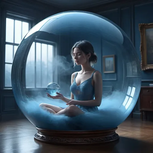 Prompt: Female inside a glass ball inside a room, Blue fog inside the ball, ultra hd, realistic, vivid colors, highly detailed, UHD drawing, pen and ink, perfect composition, beautiful detailed intricate insanely detailed octane render trending on artstation, 8k artistic photography, photorealistic concept art, soft natural volumetric cinematic perfect light