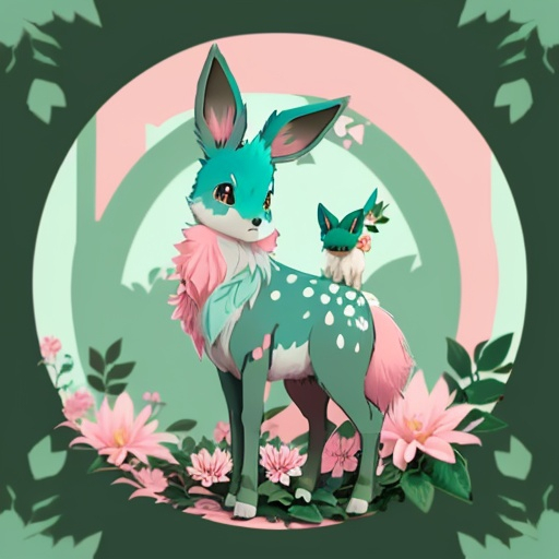 Prompt: Teal colored eevee with a large pink with white spotted flower growing out of their back with jagged leaves and green vines that wrap around everything, background jungle, masterpiece, best quality