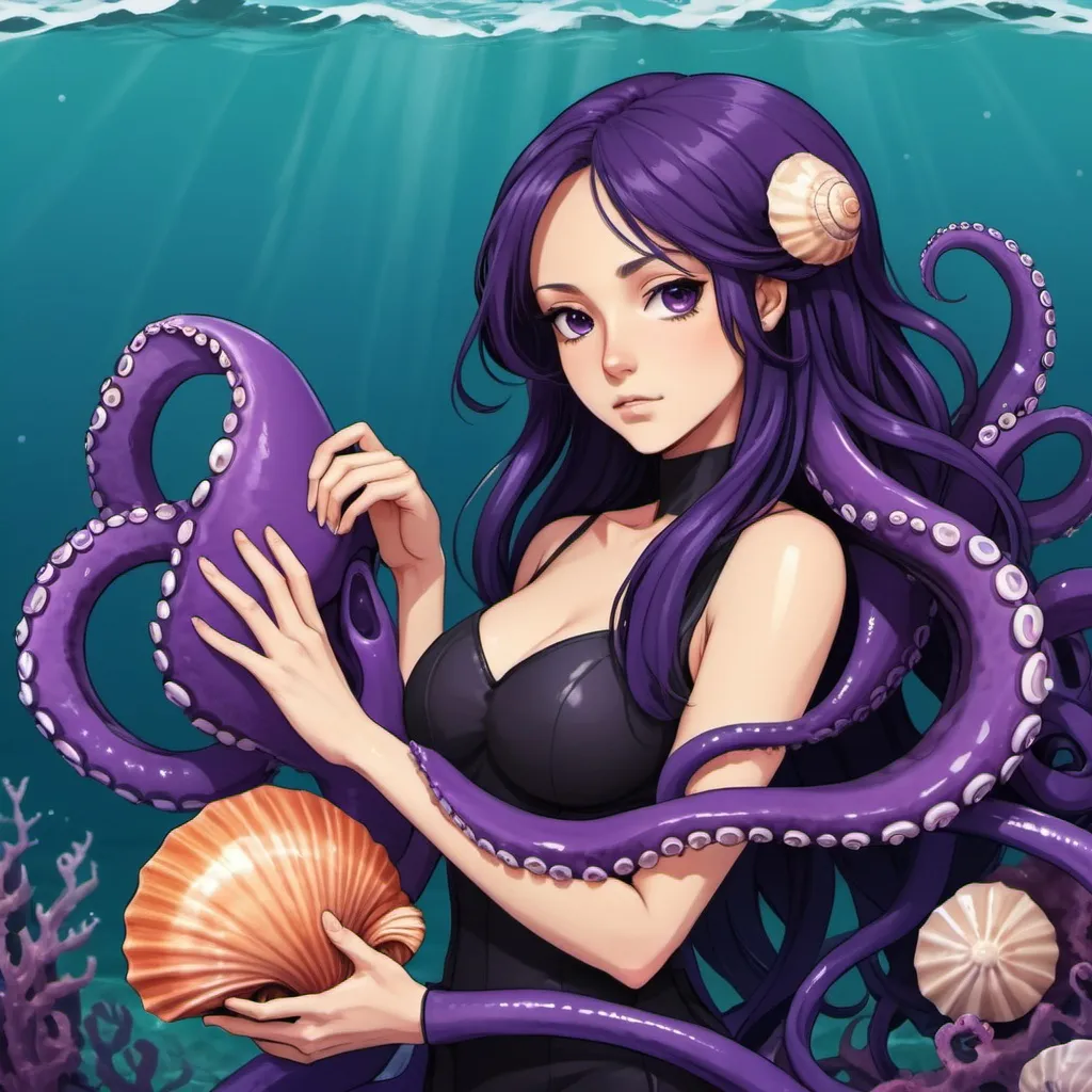 Prompt: Octomaid with deep purple octopus tentacles and a sea-shell and kelp top, background ocean, in visual novel art style