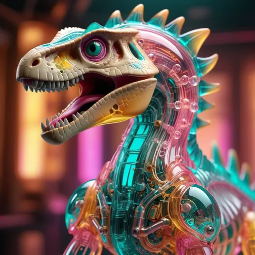 Prompt: a translucent raptor dinosaur in biomechanical body, liquid cooling, intricate circuits, beautiful, elegant, colorful gradient with turquoise, abberation and golden smoke and pink crystal liquid, stunning, render, hyper realistic, octane render, HDR, raytracing, octane render, UE5, autodesk 3D render, extreme detail
