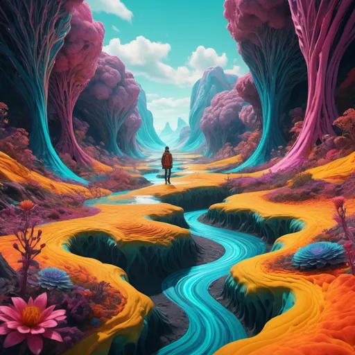 Prompt: Character exploring a surreal landscape, morphing terrain with psychedelic patterns, hyperrealistic style, vibrant color palette, twisted reality with flowing rivers defying gravity, hyper-detailed flora that glows, immersive atmosphere, hyperrealism, ultra clear, 8k.