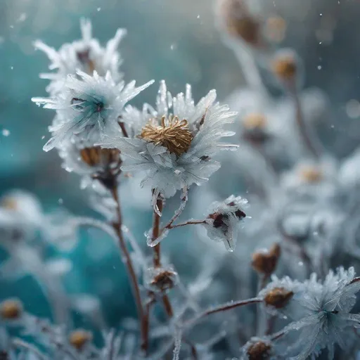 Prompt: magical realism, frozen flowers in the frost, Mika Asai style, super detail, layering, transparency, haze, play of color, white, old dark gold, silver, turquoise, artstation trends, sharp focus, studio photography, intricate details, high detail, Mika macro photography Acai, super detailed, aesthetic, frosty patterns, frozen, vibrant shimmering bokeh turquoise, beautiful starry bokeh background sparkling with gorgeous shimmer, 64k, iso100, sharp focus, intricate Details, highly detailed, Greg Rutkowski