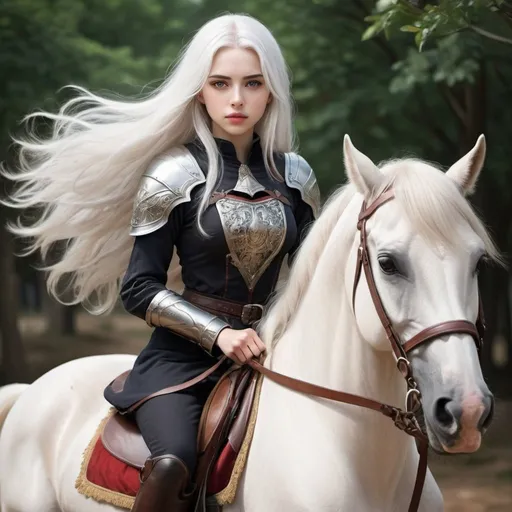 Prompt: beautiful 20 year old women with white hair, white eyebrows, light skin, realistic, ultrarealistic, high quality art, bright eyes, long hair, beauty, real, long hair, symmetrical, anime wide eyes, fair, delicate, medieval, assassin, rouge, riding a horse into a battle, royal