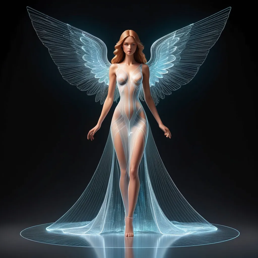 Prompt: Design a 3D hologram of an angel with long gown, focusing on clean lines and shapes. The angel's form should be reduced to its most basic, abstract elements, resembling a wireframe or a digital projection. Emphasize a transparent quality, with the angel image composed solely of luminescent lines, and geometric shapes. This hologram should give the impression of a digital projection, with no visible skin or physical features. It's a representation of the angel as a pure, abstract form, evoking a sense of futuristic, technological elegance. The lines and shapes in this hologram should be predominantly white in color