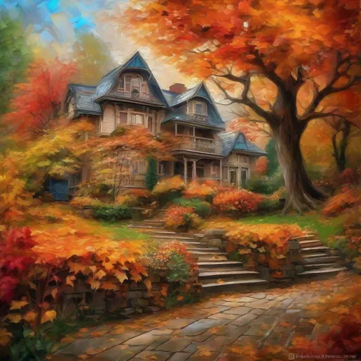 Prompt: a beautiful painting of autumnal scenery with maple leaves and beautiful house  and flowers  of garden "the picture of oil painting like an oil painting", Broken Glass effect, no background, stunning, something that even doesn't exist, mythical being, energy, molecular, textures, iridescent and luminescent scales, breathtaking beauty, pure perfection, divine presence, unforgettable, impressive, breathtaking beauty, Volumetric light, auras, rays, vivid colors reflects