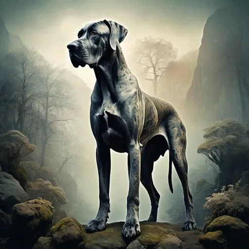 Prompt: "Great Dane dog" double exposure art, muted colour ink painting, splash art, epic disintigrating haze portrait, surreal fantasy illustration, hyperdetailed, mysticism by Darek Zabrocki, Josephine Wall, Christoffer Relander, david muench, galen rowell, hyperreal surrealism, magical detailed polished vibrant digital render, beautiful fantasy landscape, dark fantastical striking, mysterious horror sinister,