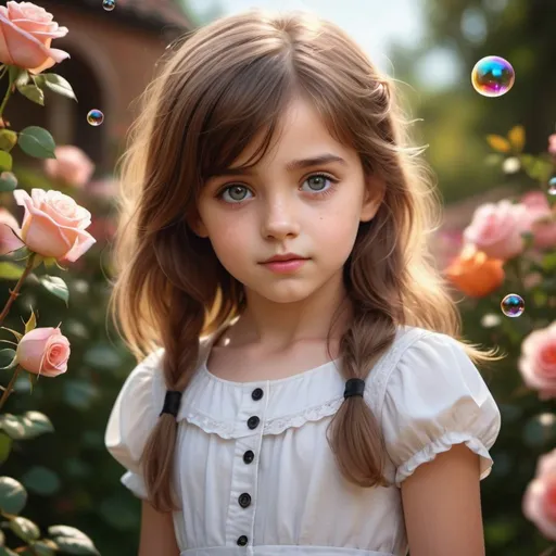 Prompt: best quality, masterpiece, beautiful and aesthetic, vibrant color, Exquisite details and textures, Warm tone, ultra realistic illustration, (cute European girl, 7year old:1.5), (rose garden theme:1.4), beautifully sparkling soap bubbles, little rainbows, cute eyes, big eyes, (a curious look:1.2), 16K, (HDR:1.4), high contrast, bokeh:1.2, lens flare, siena natural ratio, children's body, anime style, (random view:1.4), (random poses:1.4), long Wave brown hair, a white dress shirt, black neck ribbon, black high-waist skirt, ultra hd, realistic, vivid colors, highly detailed, UHD drawing, perfect composition, beautiful detailed intricate insanely detailed octane render trending on artstation, 8k artistic photography, photorealistic concept art, soft natural volumetric cinematic perfect light.