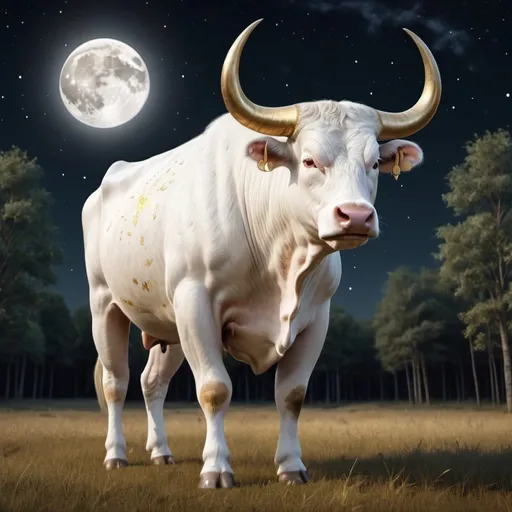Prompt: The majestic white bull with golden horns from the constellation Taurus, background of a field and forest, the night sky and the moon, hyper detailed, 8k realistic