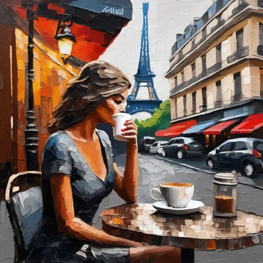 Prompt: Beautiful woman sitting alone sipping coffee outside at a Paris café, thick oil painting style,In impasto painting, artists apply thick layers of paint to their canvases to produce a heavy texture that makes brush strokes and knife strokes more visible. 