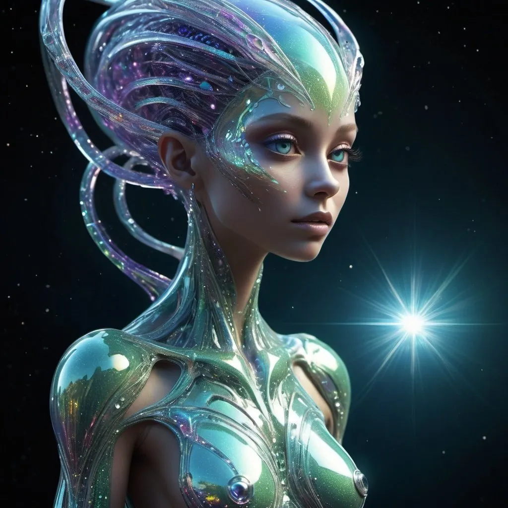 Prompt: a mesmerizing female alien composed of shimmering, crystalline structures. Her body is intricate and gem-like, refracting and reflecting light in a dazzling display. She has faceted, jewel-toned eyes that seem to hold the secrets of the cosmos. Her hair is composed of delicate, intricate tendrils of glistening crystal. Her movements are fluid and precise, like a living sculpture. 