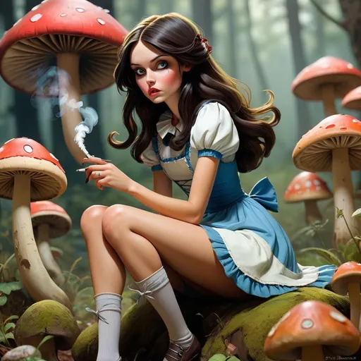 Prompt: ((realistic)) ((highly detailed)) ((Breathtaking beautiful attractive close-up full-body)) ((high-tripping ((in a smokey area)) Bohemian Disney Princess ((American Mcgee's Alice)) in Wonderland (((blowing smoke from her mouth))) sitting with leg dangle with one leg dangling off the ground sitting on a giant mushrooms growing)) ((pin-up art)) ((by Brian Kesinger)), ((by Android Jones)), ((by Alayna Lemmer)), ((by Hannah Yata)), ((by Charlie Bowater)), ((by Jimmy Lawlor)), ((by John William Waterhouse)), ((detailed background by Jeff Legg)), (wearing flower hair wreath) and (hemp and mini-dress) and ballet flats, Marijuana growing.