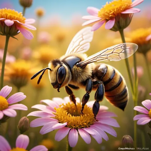 Prompt: 
character design for a cute bee:

In a sun-kissed meadow, amidst a tapestry of wildflowers, lived a bee, Nina, a spirited little bee with golden stripes and a heart full of curiosity. One bright morning, as the sun painted the sky in hues of orange and pink, Albina Nina felt an adventurous buzz in her wings.

, Miki Asai Macro photography, close-up, hyper detailed, trending on artstation, sharp focus, studio photo, intricate details, highly detailed, by greg rutkowski