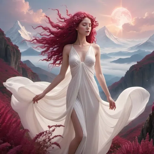 Prompt: Imagine a goddess draped in a gown of pure white, accentuated with touches of deep Amaranth red. Her hair flows like white clouds adorned with Amaranth petals. She embodies both purity and passion, standing atop a celestial mountain surrounded by a luminous aura.