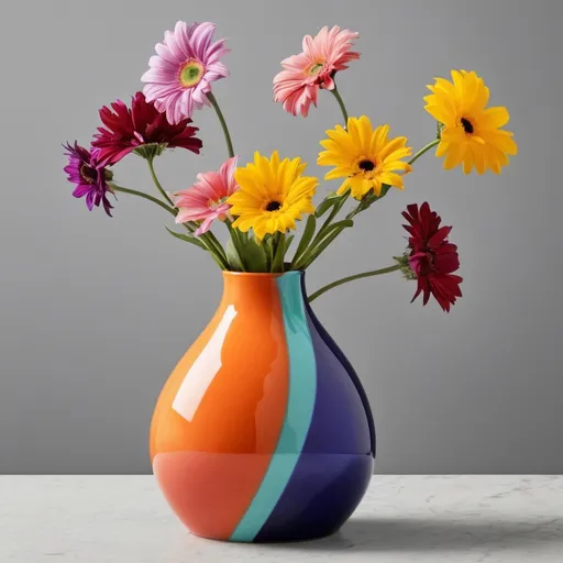 Prompt: Unique and bold colorful vase with one flower in it.