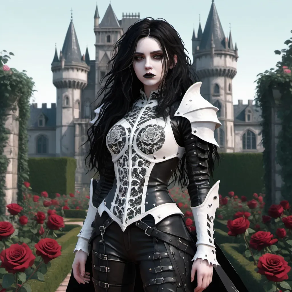 Prompt: Full body shot, digital art of a white goth girl with long black messy wavy hair, perfect face,   wearing a dark leather armor, in front of a gothic castle rose garden, realistic. covered with complex random glitch art