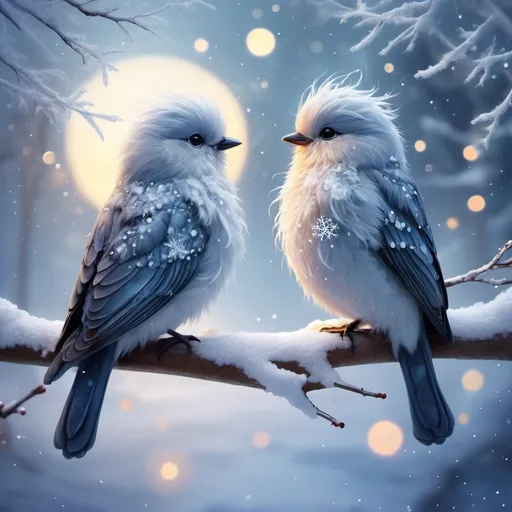 Prompt: fantasy cutiest fluffiest bird couple wearing warm clothes, 
sitting on a snowy tree branch in winter wonderland, 
it is snowing gently in the moonlight reflections in the winter forrest, 
swirls of fantasy snowflakes particles, 
fairy, 
fantasy, 
Mysterious, 
best quality, 
approaching perfection, 
mythical being, 
breathtaking beauty, 
pure perfection, 
divine presence, 
unforgettable, 
masterpiece, 