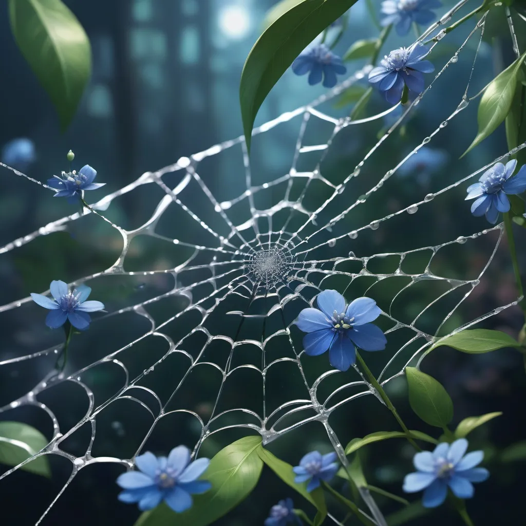 Prompt: "A mesmerizing spider's web, intricately woven with small blue flowers, creating a stunning contrast against the dark background.", Miki Asai Macro photography, close-up, hyper detailed, trending on artstation, sharp focus, studio photo, intricate details, highly detailed, by greg rutkowski, golden ratio, fake detail, trending pixiv fanbox, acrylic palette knife, style of makoto shinkai studio ghibli genshin impact james gilleard greg rutkowski chiho aoshima