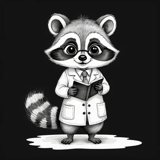 Prompt: Drawing on letter paper, cute, for coloring, cute little scientist-inventor raccoon cute images, style by illustrator Ruth Morehead, cute, beautiful, sweet, fine lines and soft contours, full body, completely without color. Black background. watercolor,
Perfect picture, muted color. cute animals.