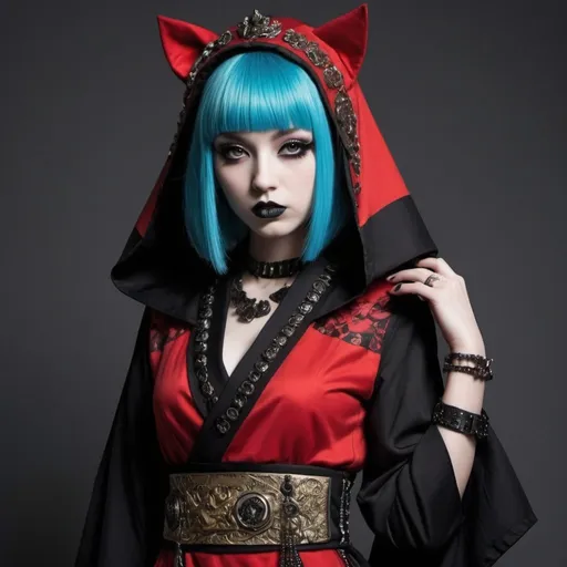 Prompt: Little Red Riding Hood in a fusion of Japanese-inspired Gothic punk fashion,Red Hood,elegance ancient Egypt edgy elements of Gothic punk,Envision Cleopatra adorned in a kimono-inspired gown with Gothic accessories, incorporating traditional Japanese motifs and punk-inspired details,Emphasize the unique synthesis of styles, capturing the regal allure of Cleopatra with a contemporary and rebellious twist,goth person,pastel goth,dal,colorful,1girl,solo