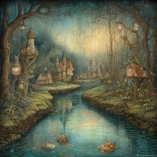 Prompt: Wet on wet watercolor, magical river that takes you to wonderland in the style of Esao Andrews, Ivan Bilibin, Catrin Welz-Stein, Daniel Merriam, Jacek Yerka, Megan duncanson, Michelangelo. Reflective light. Dreamy. highly detailed, extremely detailed, intricate, very attractive, high detail, wallpaper, award winning, fantastic view, high definition, crisp quality, colourful, hdr, VRay