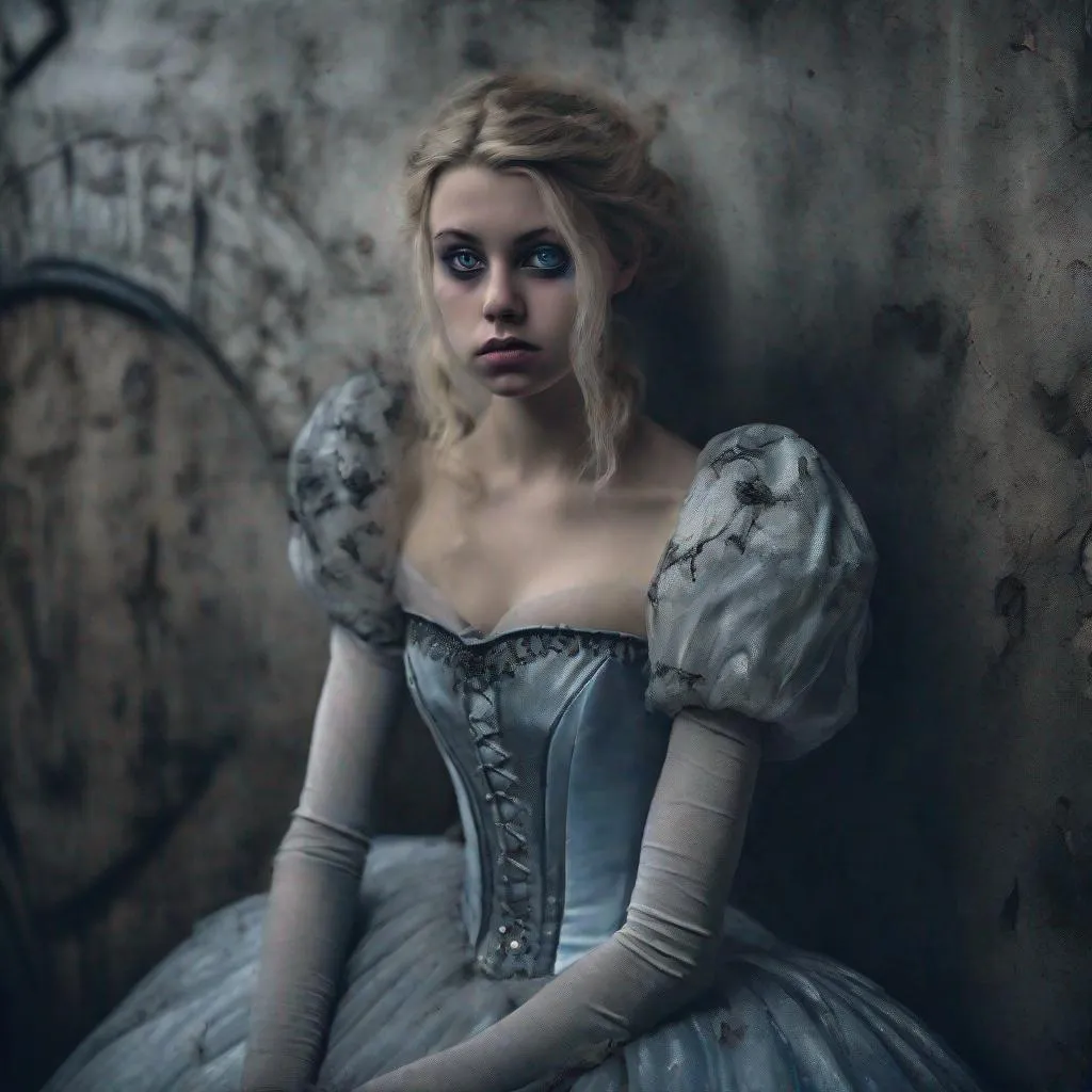 Prompt: color photo of "a modern-day Cinderella with a touch of darkness, featuring deep, haunting eyes and a face filled with sadness. She stands in a contemporary setting, wearing a unique and edgy interpretation of Cinderella's iconic attire. The photo captures her internal struggle, as she embodies both the innocent fairy tale character and a hint of a devilish nature. Her expression tells a story of inner turmoil, reflecting the complexities of her modern journey" —c 10 —ar 2:3