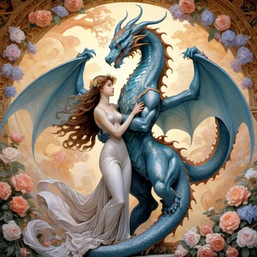 Prompt: Infinity love, A mythical half dragon and his pearl of core  girl,best quality, perfect proportion, wearing flowering dress,full body,dynamic pose,soft smile,complex background, purity, tenderness, weakness,highly detailed face,pretty patterns,ethereal magical world,ultra highly detailed, Rubens,  Michelangelo Buonarroti,,Hildebrandt Brothers ,Art Nouveau, John Howe,vibrant colors, round parade of dynamic fluid following Oseen equation in turbulent regimesureal, epic, high quality, effervescent atmosphere, , Mysterious