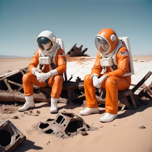 Prompt: analog, wooden ship wreck in the desert,  two sad astronauts in orange suit and white suit sitting on the ground,  polaroid, photorealistic