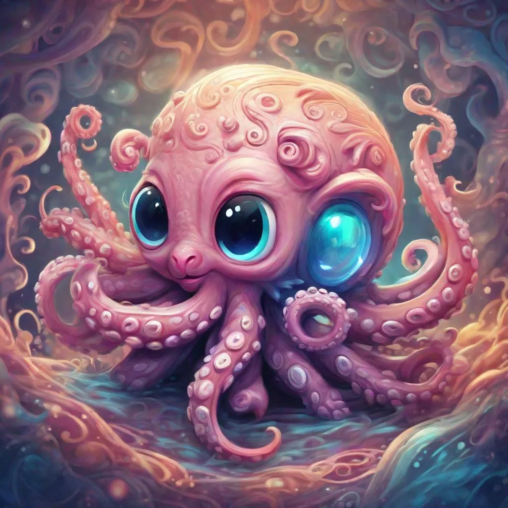 Prompt: cute Octopus kitten chimera. in the style of Albert Joseph Penot and Dan Mumford,swirls, light leak effect,vivid,surrealism, 3d depth, masterpiece,  abstract, soft pastel clay texture, dynamic, highly detailed,concept art, sharp focus, illustration, intricate details, highly detailed, 