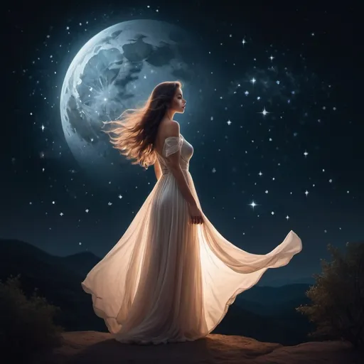 Prompt: In a serene setting beneath a canopy of twinkling stars, a beautiful woman stands illuminated by the soft glow of the moonlight. Her silhouette is striking against the dark night sky, creating a captivating contrast that accentuates her elegance and grace. She has flowing hair that seems to shimmer and dance in the gentle night breeze, reflecting the subtle light of the stars above. Her eyes sparkle with a mysterious allure, mirroring the constellations that dot the sky. Her attire is simple yet elegant, a flowing dress that seems to mimic the movement of the night sky itself. It billows gently around her as she stands, creating a dreamlike aura that adds to her ethereal beauty. As she gazes up at the stars, a sense of wonder and awe fills her expression. Her connection to the universe is palpable, as if she holds a secret understanding of the mysteries of the cosmos. Surrounded by the beauty of the night sky, this woman embodies the timeless allure of the heavens. Her presence is both calming and enchanting, making her a mesmerizing focal point against the backdrop of the starry night. The night has a blood moon feel. It is red in color. she is very pretty you can see her full beautiful curvaceous figure