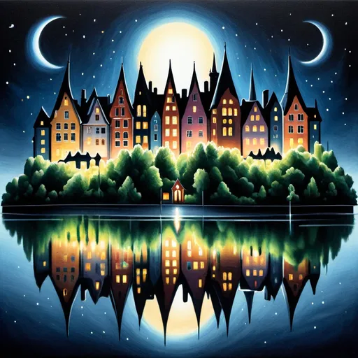 Prompt: Fairy tale German city at night, cityscape close-up, low angle, naive art style, attractive houses in the foreground, inspired by the architecture of old cities in Germany, night starry sky in the background, light in the windows of houses, Soft mysterious 3D lighting, style , inspired by modern European primitivist artists, trendy colors, high detail, colored pencil drawing, oil painting, strong strokes, dripping paint,