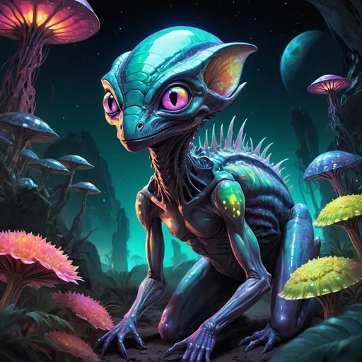 Prompt: Digital painting, visually hosts a panorama of exotic sci-fi creatures each adorned with light emitting spots on their skins, dipped in an assortment of scales shimmering with prismatic hue, multiple eyes, varying from tiny to colossal, roaming on extraterrestrial terrain, stranger elements of captured alien flora casting bizarre, soft, iridescent shadows, neon tinted color palette highlights, focus on text