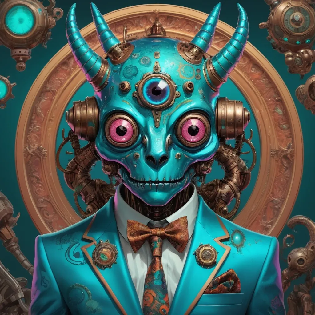 Prompt: a little monster in a suit, in the style of psychedelic artwork, imaginary creatures and robots, steelpunk, cyan and bronze, colorful fantasy realism, witchcore, baroque-punk