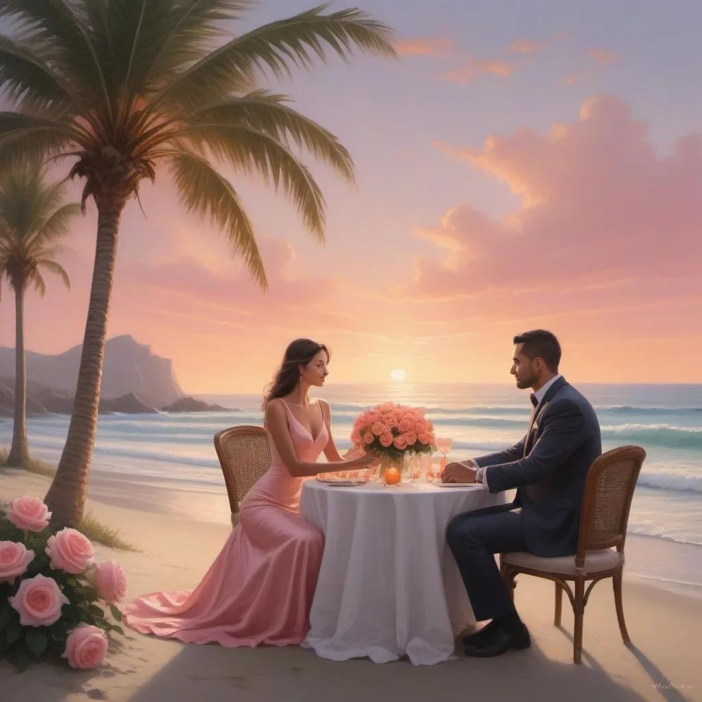 Prompt: Picture a lovely, enchanting evening by the ocean. A gentle breeze sways the palm trees, and the setting sun paints the sky with beautiful shades of pink and orange. On a secluded, softly lit beach, a man and a woman sit at a beautifully set table for two. The table is adorned with elegant tableware and a bouquet of fragrant roses. They are both dressed stylishly, with the man in a well-fitted suit and the woman in a flowing, elegant dress.



Illustrate this moment in a highly detailed digital painting. Pay attention to capturing the expressions of joy and affection on the faces of the couple, as well as the interplay of light and shadow in this picturesque beachside setting. The image should convey the timeless beauty of love and the enchantment of a perfect date night.