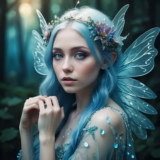 Prompt: a highly detailed professional portrait of a female fairy, photo by bella kotak, fantasy photography, transparent glass fairy wings, luminescent colors, otherworldly, high fantasy art, soft glow, iridescent colors, ethereal aesthetic, fashion photography, intricate design, fae elements, detailed shiny blue hair, whimsical, atmospheric,