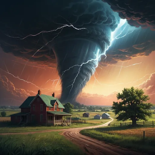 Prompt: Tornado, Country side, animated ray tracing, analog effects, Detailed illustration, 3D vector, Rich colour pallet., centered, symmetry, painted, intricate, volumetric lighting, beautiful, rich deep colors masterpiece, sharp focus, ultra detailed, in the style of dan mumford and marc simonetti, astrophotography