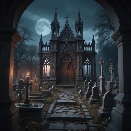 Prompt: dark mysterious abandoned cemetery in the gothic court yard on the dark night gothic photorealistic gothic feel Epic cinematic brilliant stunning intricate meticulously detailed dramatic atmospheric maximalist digital matte painting detailed matte painting, deep color, fantastical, intricate detail, splash screen, complementary colors, fantasy concept art, 8k resolution trending on Artstation Unreal Engine 5, trending on artstation, sharp focus, studio photo, intricate details, highly detailed, by greg rutkowski, trending on artstation, sharp focus, studio photo, intricate details, highly detailed, by greg rutkowski, Miki Asai Macro photography, close-up, hyper detailed, trending on artstation, sharp focus, studio photo, intricate details, highly detailed, by greg rutkowski