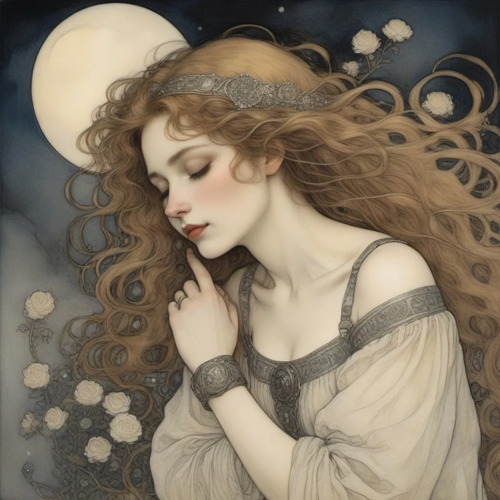 Prompt: Arthur Rackham  
Gustav Klimt

Softly, O midnight Hours!
Move softly o'er the bowers
Where lies in happy sleep a girl so fair!
For ye have power, men say, Our hearts in sleep to sway,
And cage cold fancies in a moonlight snare.
Round ivory neck and arm Enclasp a separate charm;
Hang o'er her poised, but breathe nor sigh nor prayer:
Silently ye may smile,
But hold your breath the while,
And let the wind sweep back your cloudy hair!