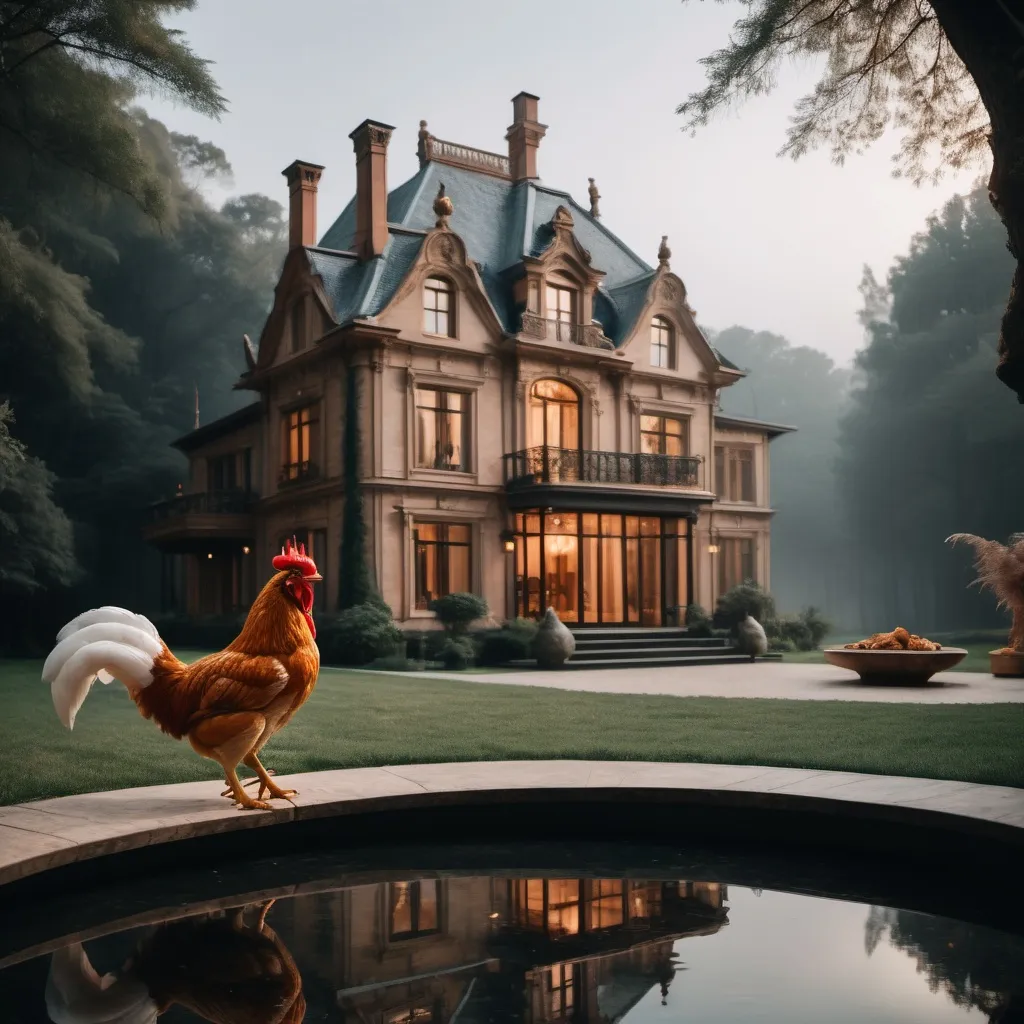 Prompt: impressive luxury residence combining the styles of metaphorical chicken and mystical fox, professional photography, cinematic lighting, unsplash