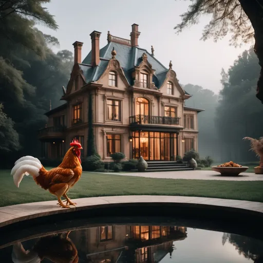 Prompt: impressive luxury residence combining the styles of metaphorical chicken and mystical fox, professional photography, cinematic lighting, unsplash