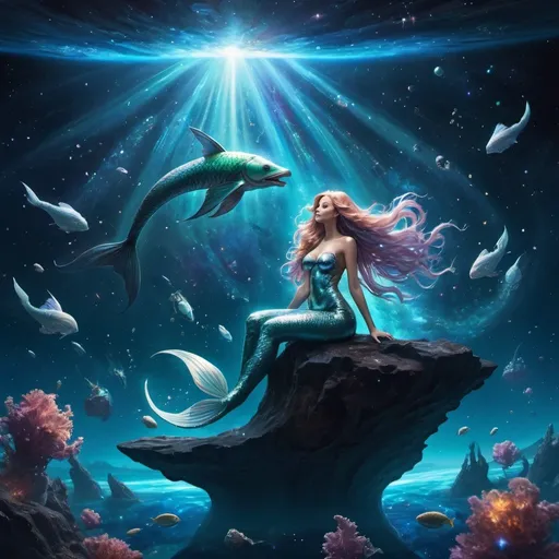 Prompt:  a surreal scene where a majestic mermaid with iridescent scales and flowing hair is seated on a floating rock in the vastness of space. The space ocean is filled with shimmering stars and galaxies, creating a cosmic backdrop. The mermaid is surrounded by astronauts who are swimming in the weightlessness of space, wearing futuristic space suits with glowing lights. They move gracefully, exploring the space ocean as if it were a familiar underwater realm.