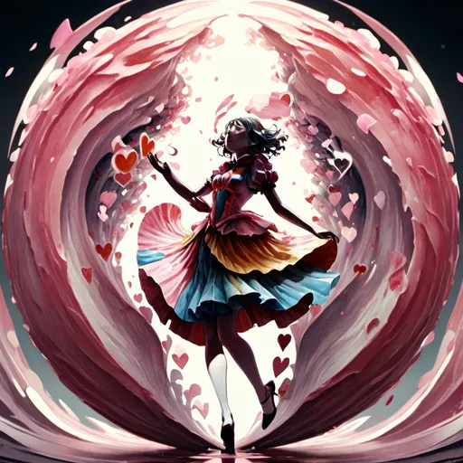 Prompt: girls dancing around the queen of hearts. swirling pink petals. Android Jones, Japanese Art, James Jean, Erin Hanson, Anna Dittmann, watercolor, natural lighting, volumetric lighting maximalist, photo illustration 32k resolution concept art intricately detailed, complex, elegant, expansive, fantastical, golden ratio principles, haunted, glass sculpture, madoka magica, honeycomb patterns, concept art by makoto shinkai, conrad roset, autochrome, 8k resolution, highest quality, arthur rackham, watercolor wet inkwash, artstation, 