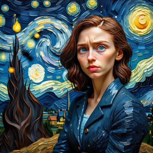 Prompt: post impressionism, impasto, a highly detailed hyper realistic rendition of Van Gogh, starry night, intricate and mysterious dark nature background, high resolution, 4k, 8k, woman