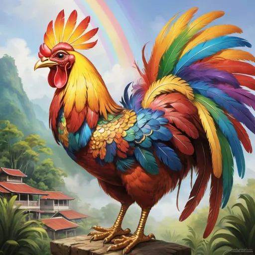 Prompt: Sarimanok, symbolizing good fortune and protection, radiates with vibrant feathers that span the spectrum of a rainbow, perched elegantly atop a traditional Filipino rural scene, its presence signifies blessings for those it encounters, digital painting, vivid colors, ultra realistic.