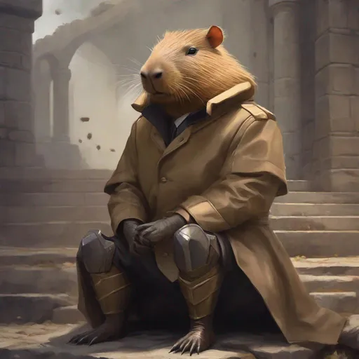Prompt: ultra realistic capybara in trench coat illustration, beautiful Capybara humanoid in armor in typical clothing, sitting on ruins, intricate, elegant, highly detailed, digital painting, art station, concept art, sharp soft focus, illustration, 8k, art by Artgerm and Greg Rutkowski and alphonse muchacapy bara capybara