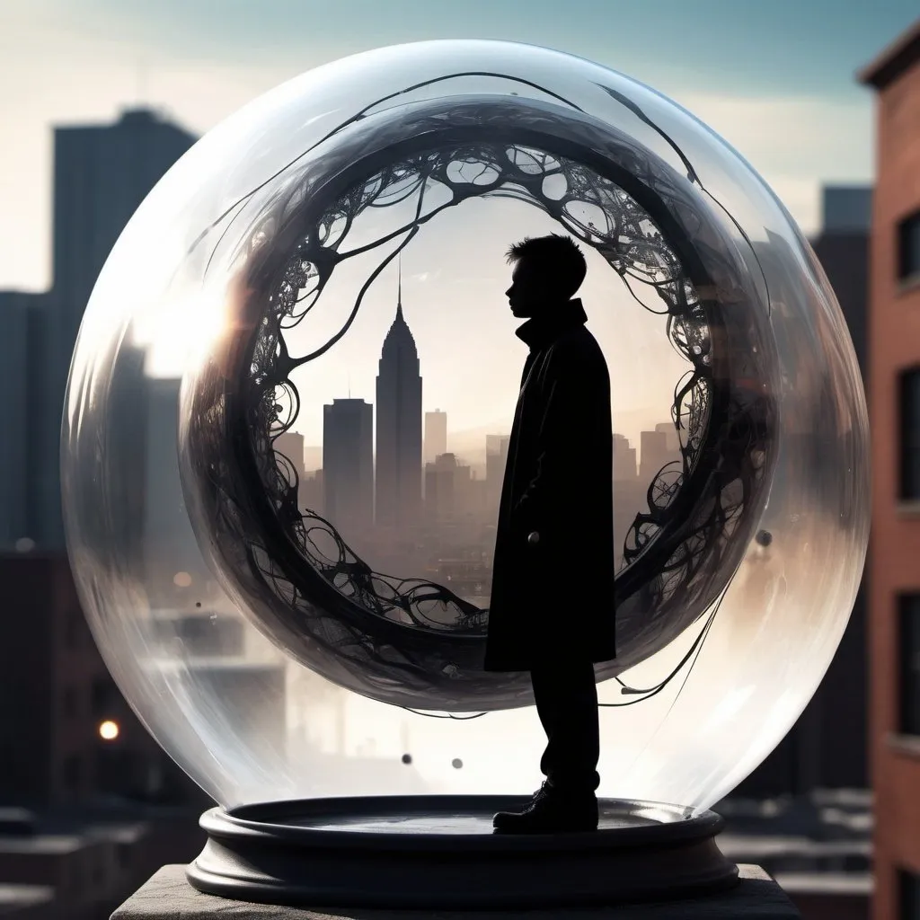 Prompt: Silhouette encased in a transparent bubble adorned with intricate abstract designs, representing entrapment in mental confines, high contrast, sharp focus, against a blurred urban landscape background, digital painting with a touch of surrealism, dramatic lighting