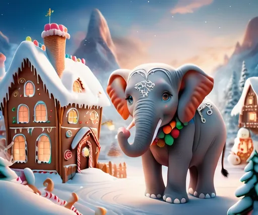 Prompt:  a heartwarming picture of the elephant, its eyes filled with wonder, exploring a cozy gingerbread village with talking gingerbread houses and cheerful reindeer in a magical, winter landscape, Mysterious
