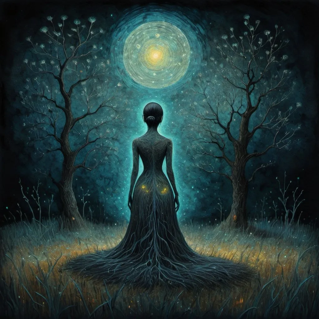 Prompt: <lora:silhouette:1.0>Art_by_Van_Gogh, Craola, Andy Kehoe, woman made of ghost ectoplasm on a bioluminescent dark field, glitter, digital painting, highly detailed, intricate, intricated_pose, clarity, high quality, Watercolor, trending on artstation, sharp focus, studio photo, intricate details, highly detailed, by cgsociety