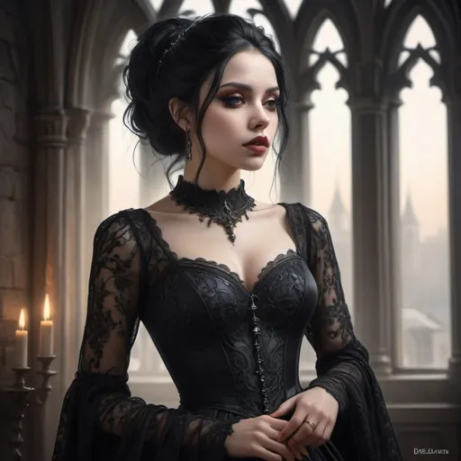 Prompt: Beautiful lady, gothic black castle, black hair, gothic style dress, beautiful warm skin light, many details, subtle sensuality, realism, high quality, work of romantic art, hyper-detailed, professional, filigree, smoky haze, hyperrealism, style Crazy, backlit, contrast, translucent, glowing, clear lines, hyperrealism, drawing, Mysterious